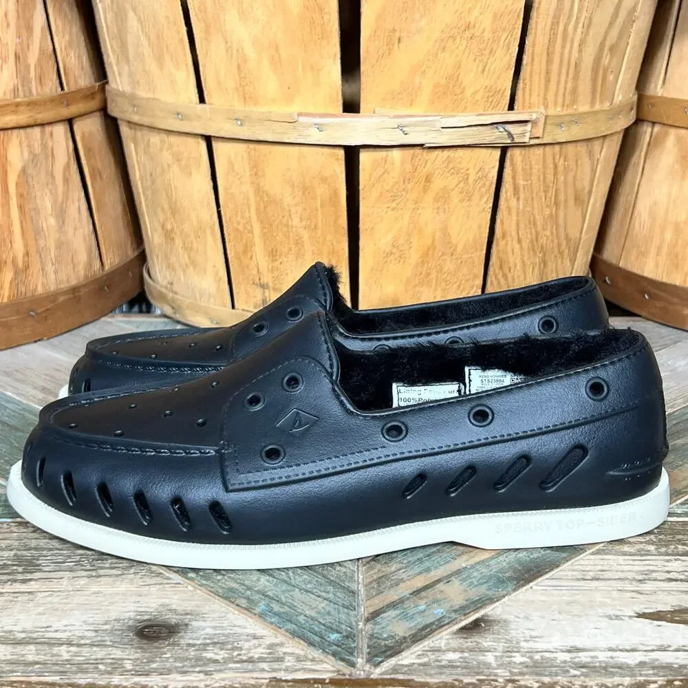 Sperry A/O Float Cozy Black Rubber Faux Fur Lined Slip-On Boat Shoes Men Size 10